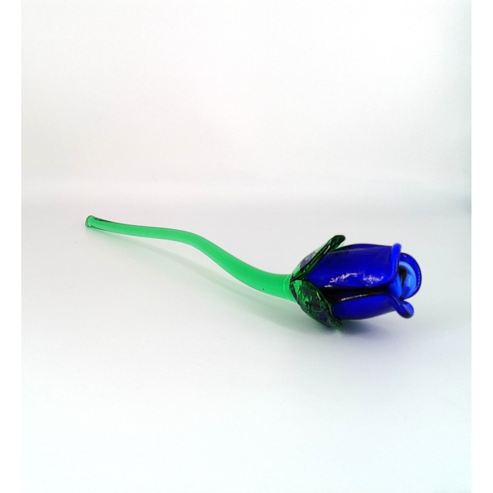 Vintage Murano Style Glass Blown Long Stem 13-3/4" Blue Glass Rose - Picture 3 of 9
